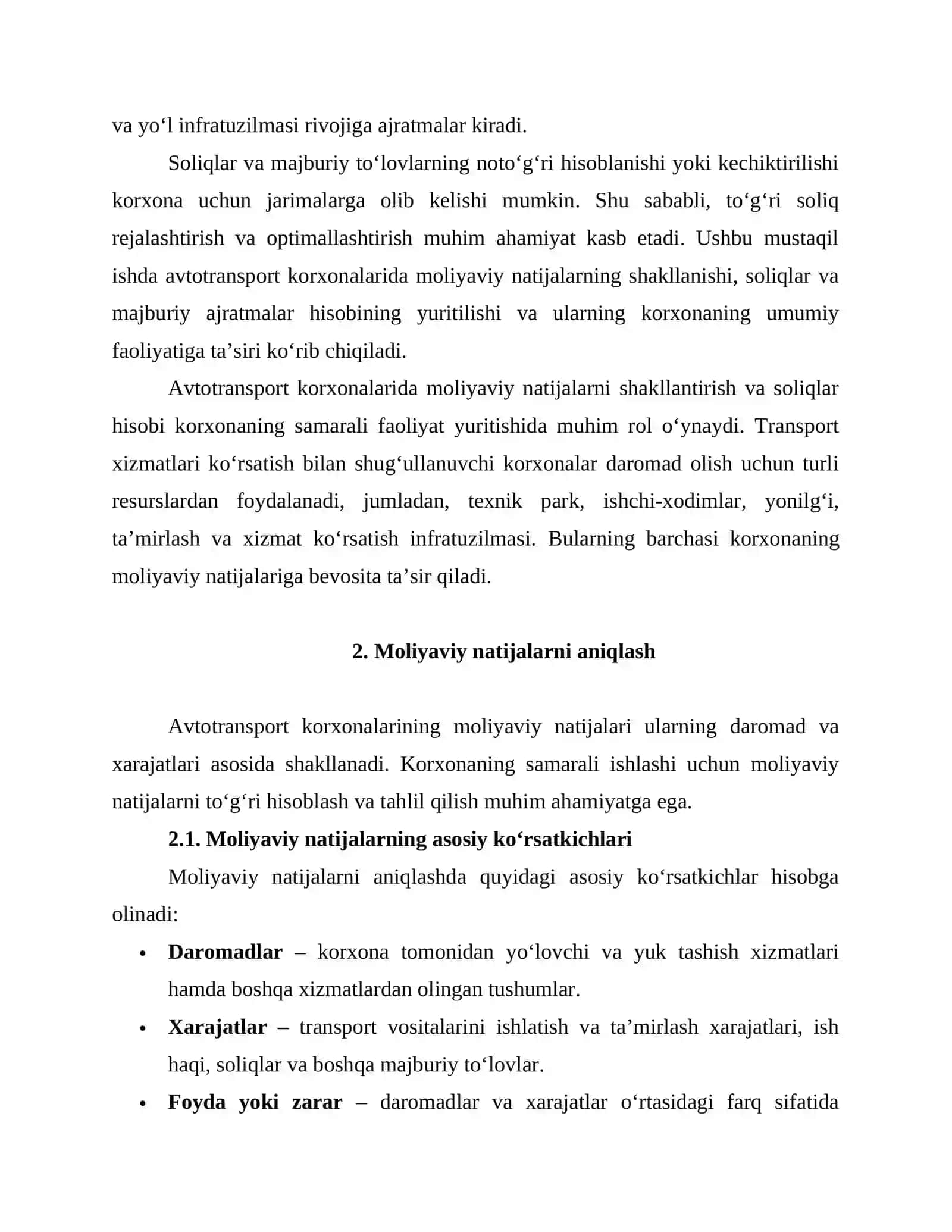 Avtotransport korxonalarida moliyaviy natijalar hamda soliqlar, majburiy ajratmalar va to‘lovlarning hisobi 4