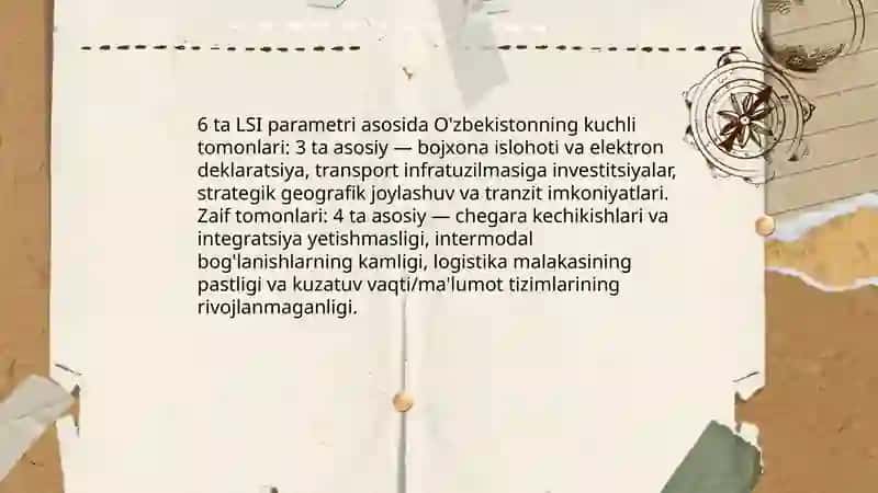 O'zbekistonning "Logistika samaradorligi indeksi" dagi o'rni 4