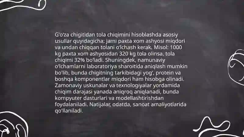 Gʻoʻzaning tola chiqimi va uning indeksi 1000dona chigit ogʻirligi va oʻsimlik hosildorligini aniqlash 4