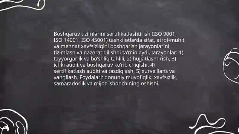 Muvofiqlikni baholash va sertifikatlashtirish ishlarini oʻz ichiga oladigan yoʻnalishlar 4