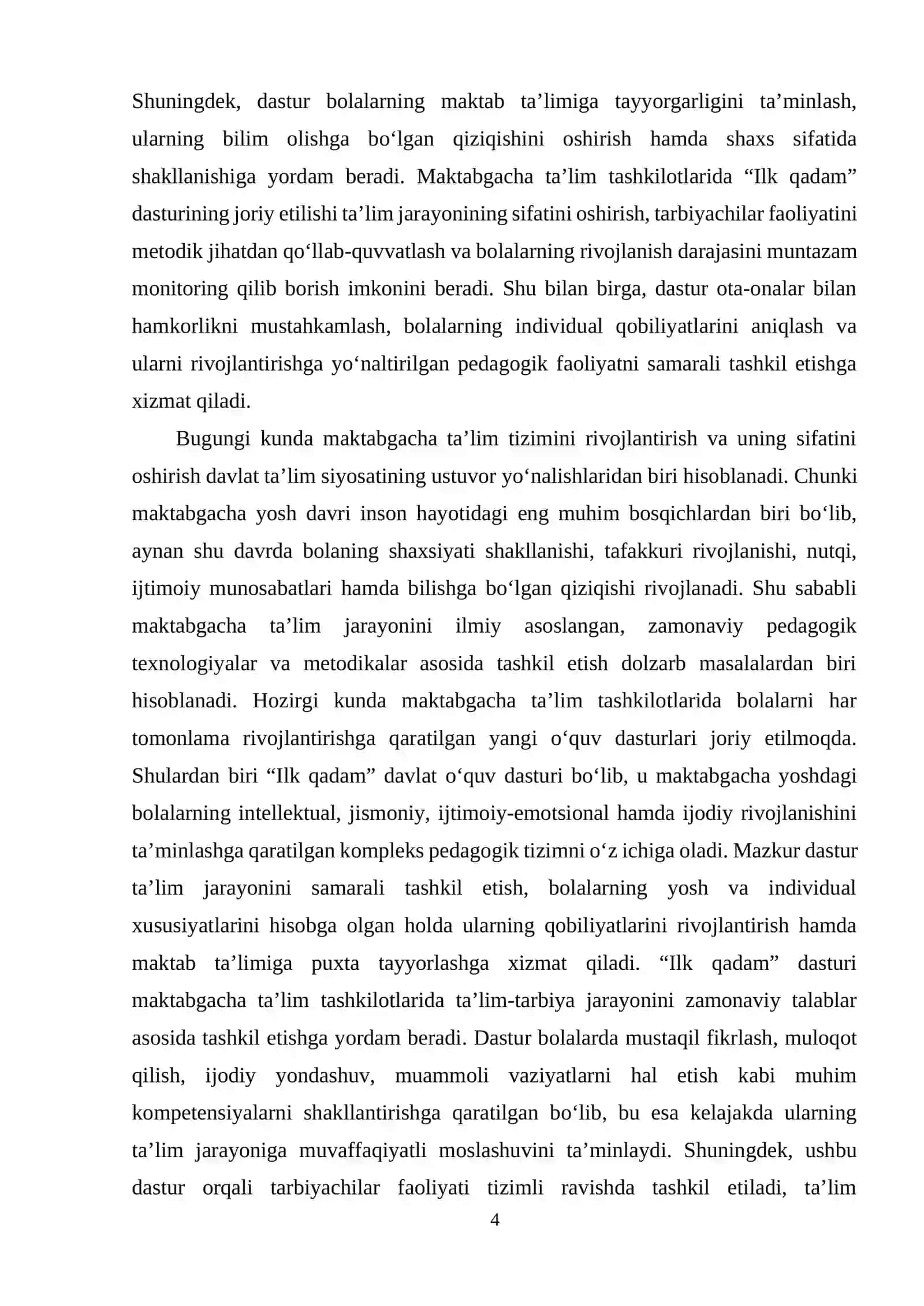 ILK QADAM DASTURI BILAN TANISHISH HAMDA MAKTABGACHA TA’LIM TASHKILOTIDAGI O‘RNI 4