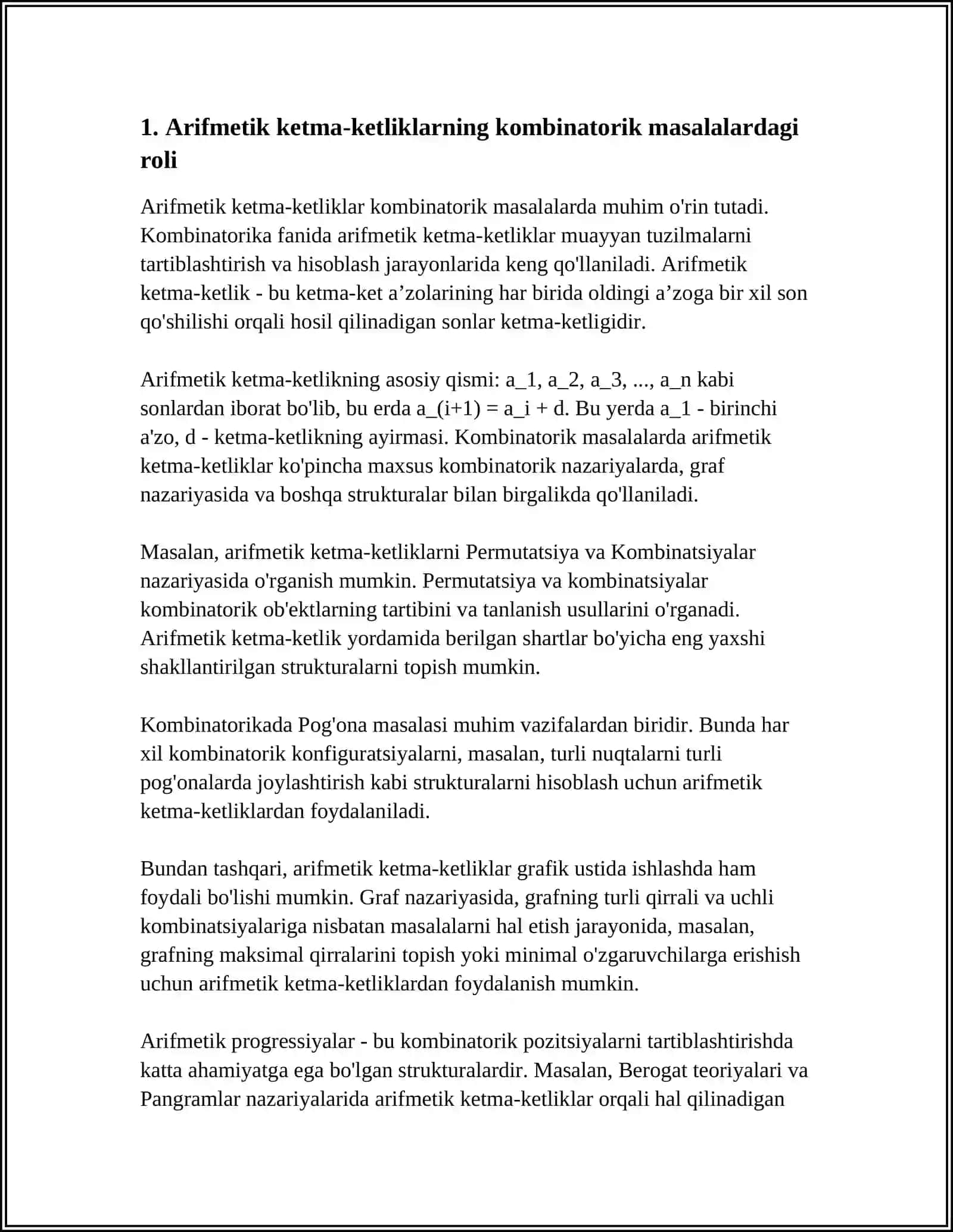 SONLI KETMA-KETLIKLARNI KOMBINATORIKA, EHTIMOLLAR NAZARIYASIDAGI TATBIQLARI 4
