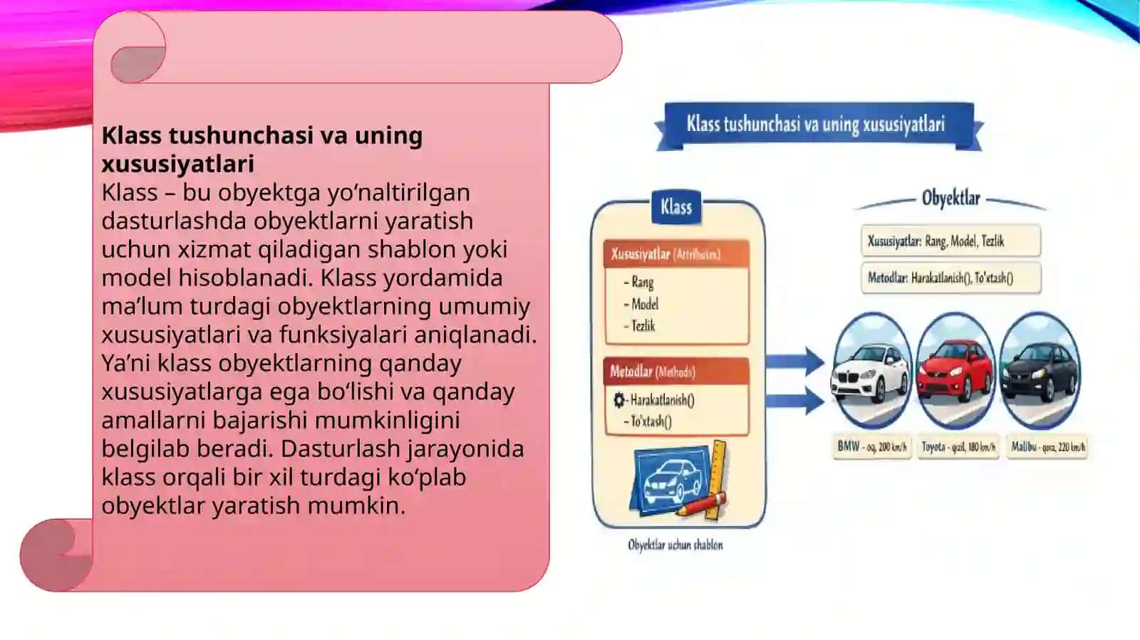 Klass va obyekt tushunchalarini misol bilan tushuntiring. 4