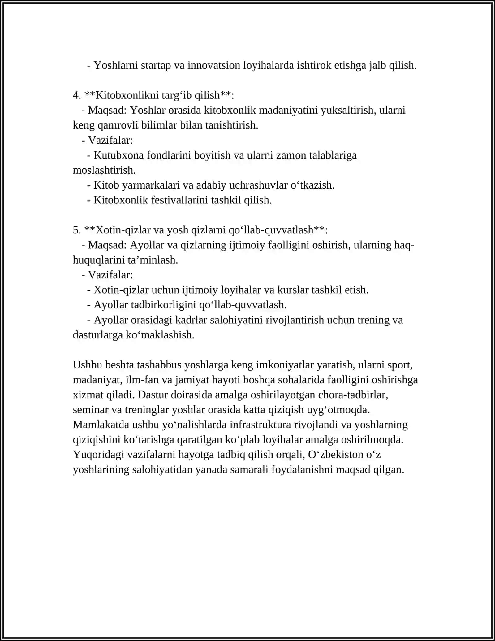 O‘zbekiston Respublikasida 5 tashabbusi va jamiyatdagi o‘rni 4