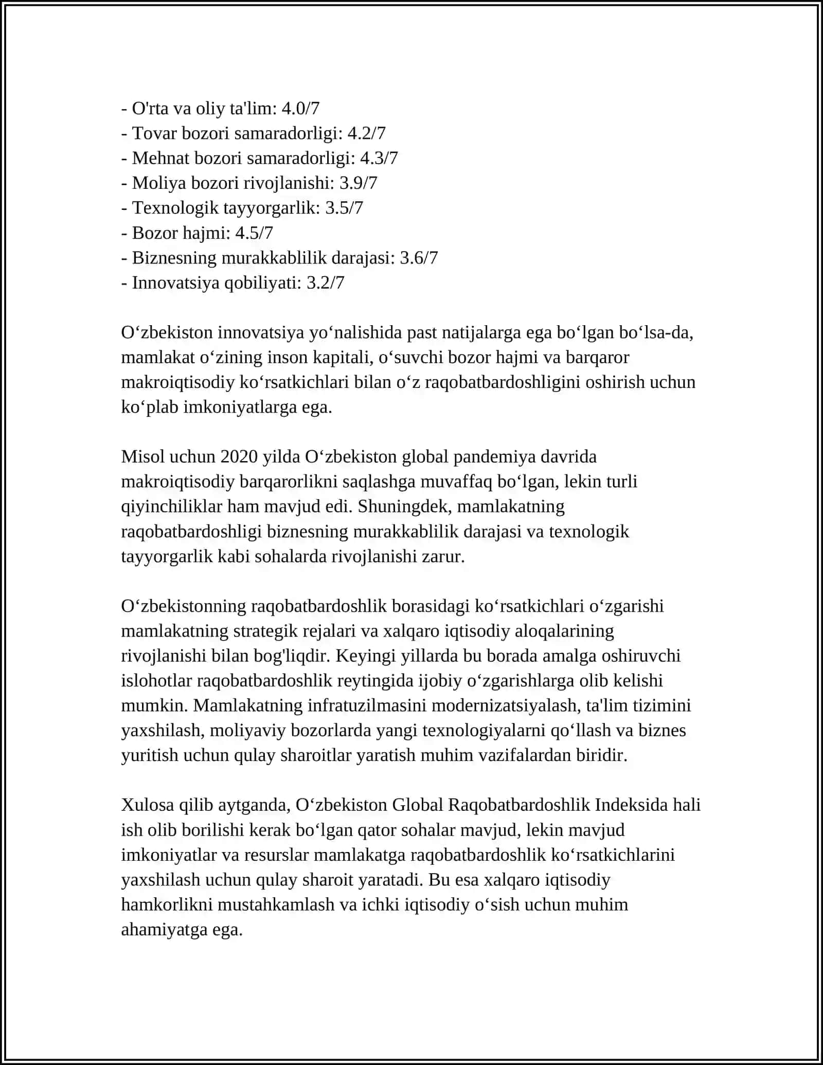 O‘zbekiston va Global Raqobatbardoshlik Indeksi 4