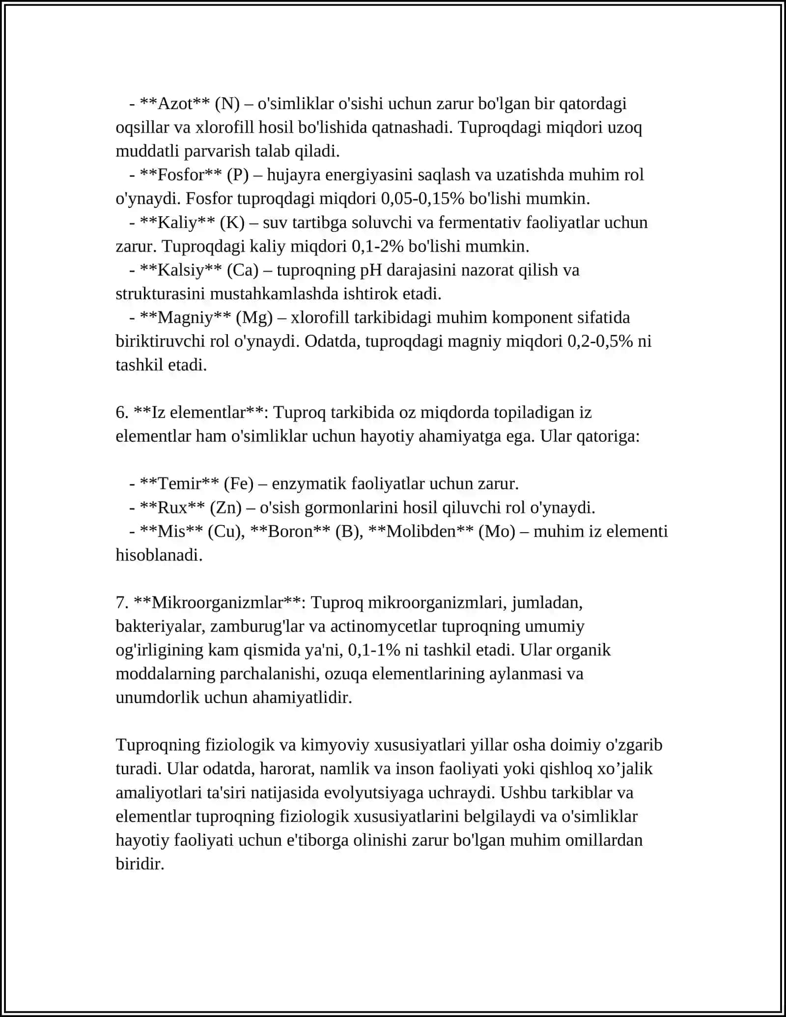 TUPROQ KIMYOSI FANINING TUPROQ UNUMDORLIGINI OSHIRISHDAGI RO'LI 4