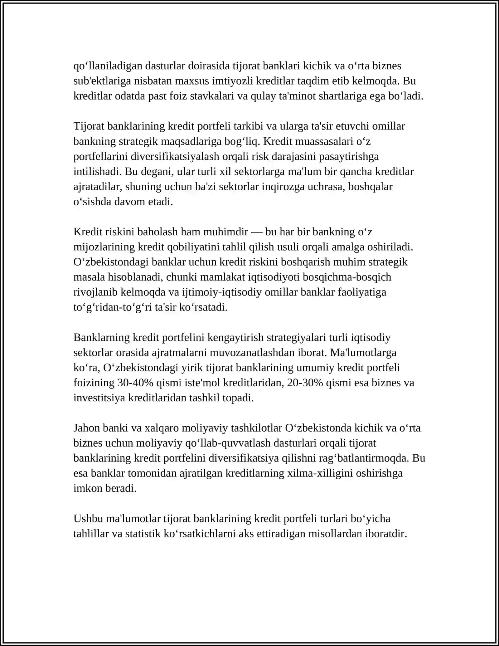 TIJORAT BANKLARNING KREDIT PORTFELI VA ULARNI BOSHQARISH 4