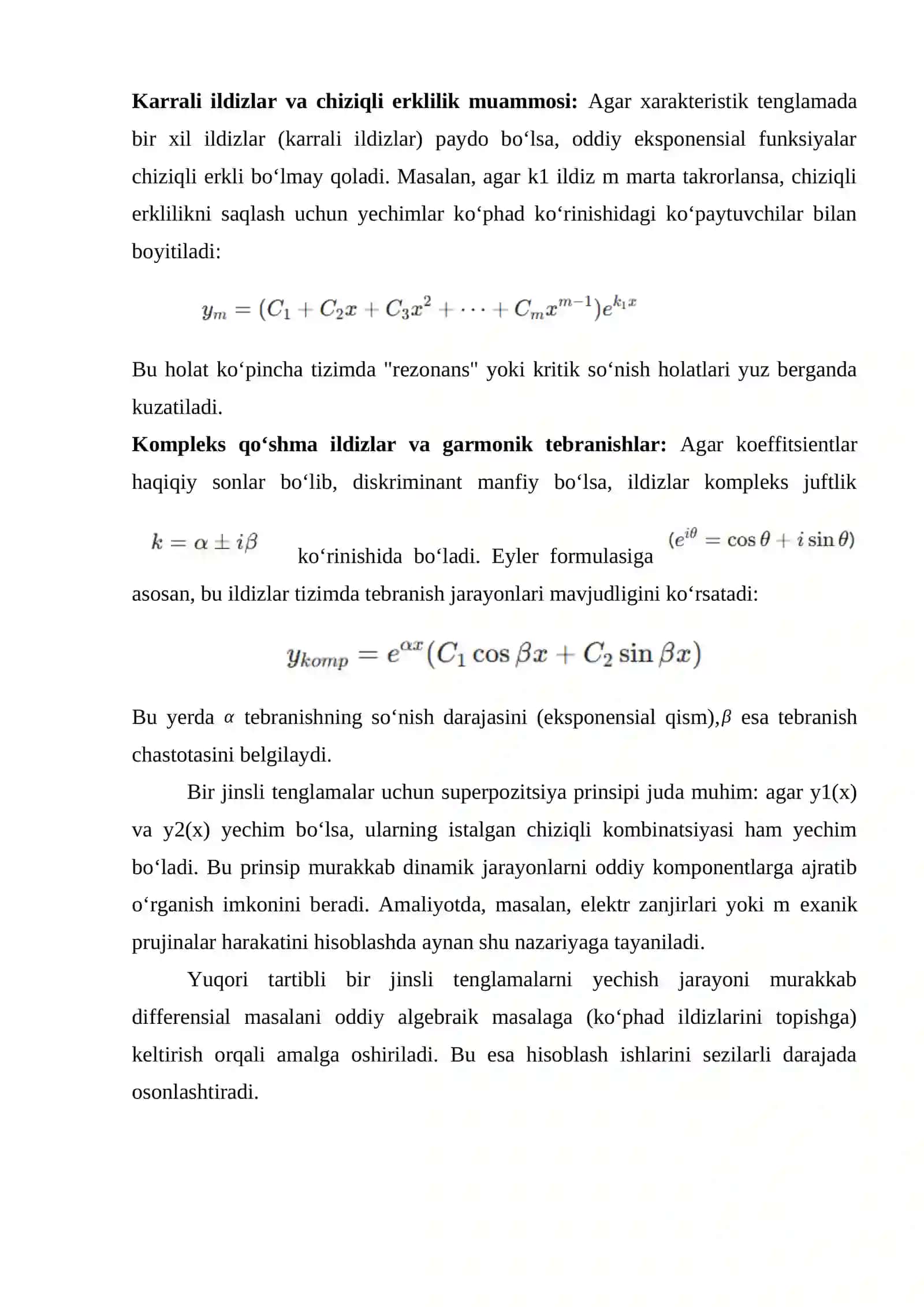 Yuqori tartibli o‘zgarmas koeffitsientli differensial tenglamalar. Chiziqli differensial tenglamalar sistemasi 4