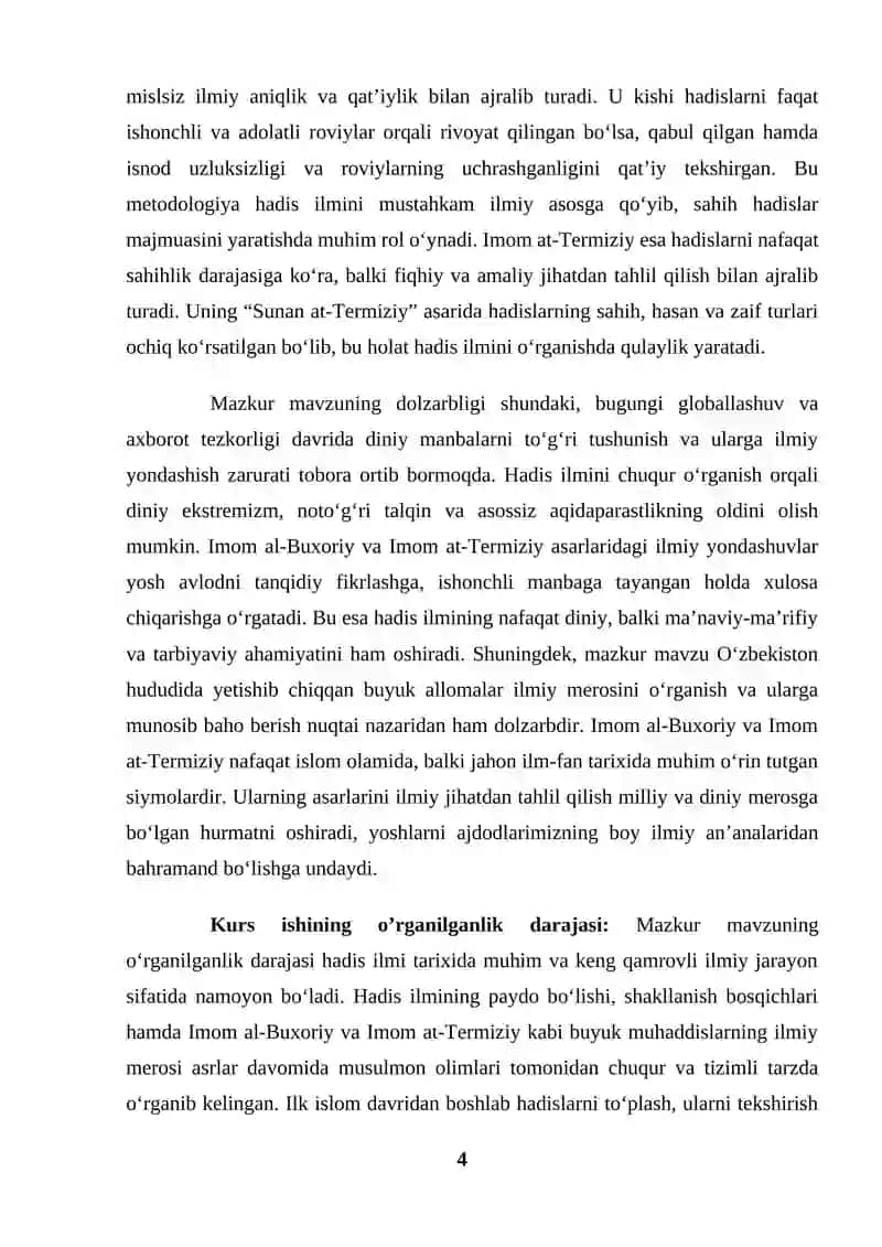 Hadis ilmining paydo bo'lishi. Al-Buxoriy, At-Termiziy asarlari (KURS ISHI) 4