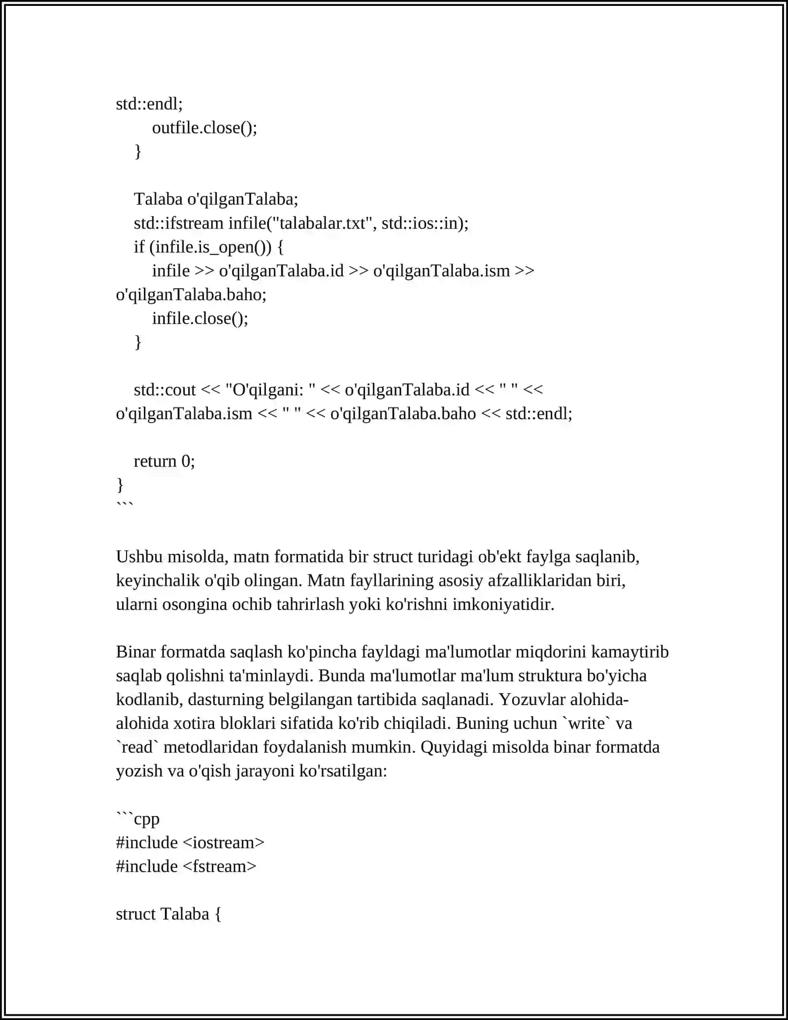 C ++ DA FAYL TOIFASIDAGI STRUKTURAVIY MA'LUMOTLARNI SOHA BOʻYICHA ISHLATGAN HOLDA DASTUR TUZISH 4