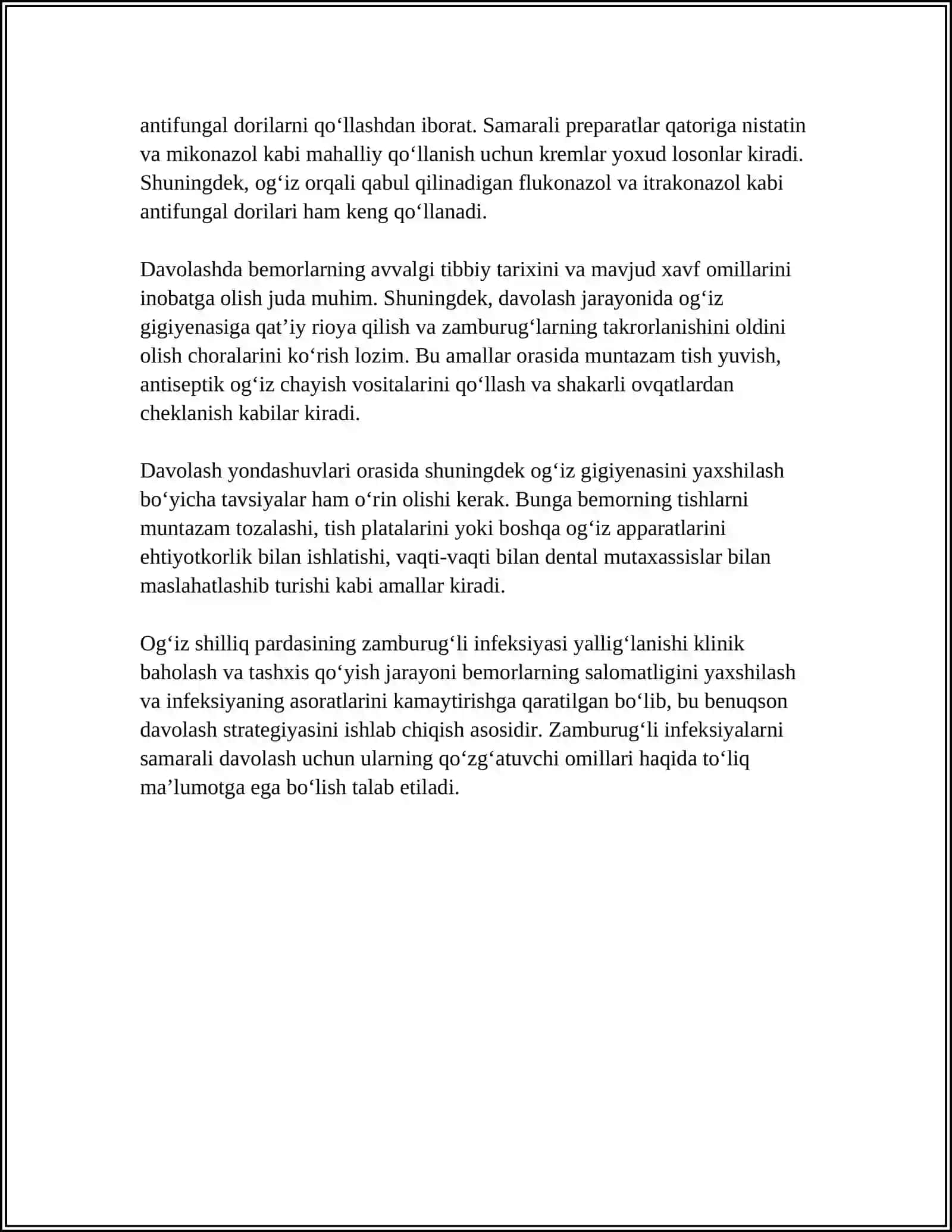ZAMBURUGʻLI INFEKSIYA YALLIGʻLANISHIDA OG'IZ SHILLIQ PARDASIGA TIBBIY MUOLAJA ISHLARINI QILISHNI OʻRGANISH 4