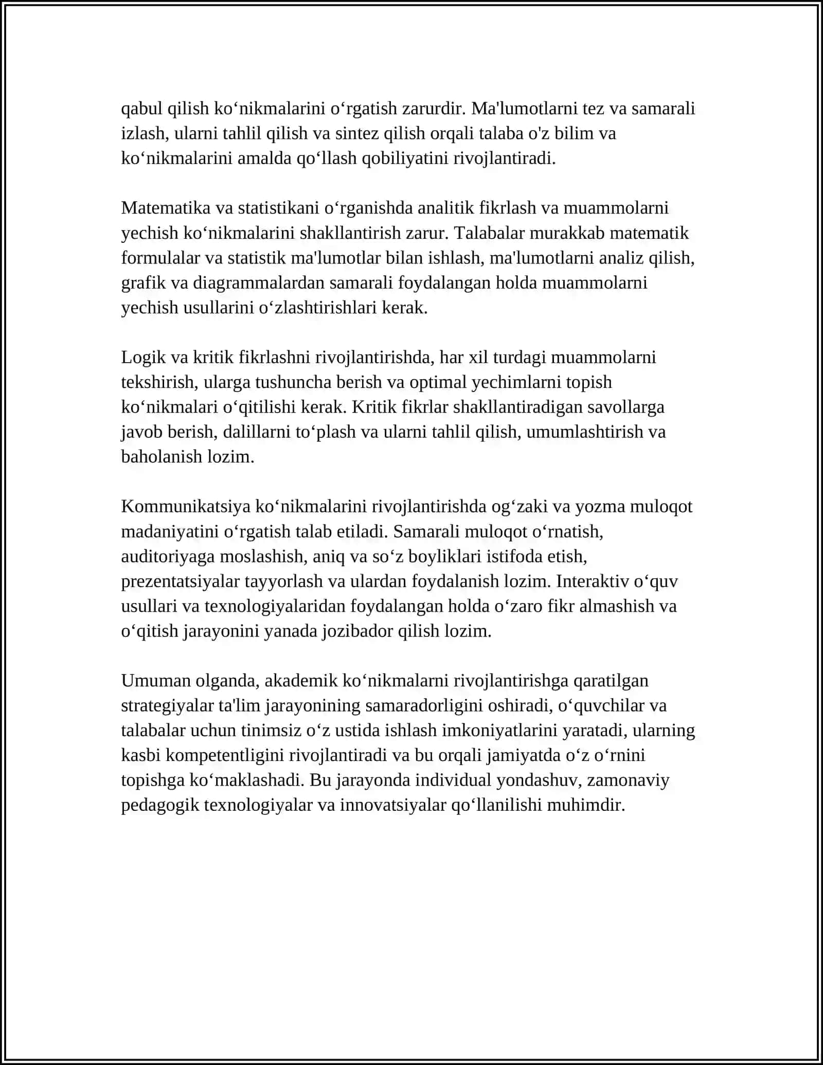 AKADEMIK KOʻNIKMALAR VA KASBIY KOMPETENTLIK: TAʼLIM OLISH JARAYONINI SAMARALI TASHKIL ETISH 4