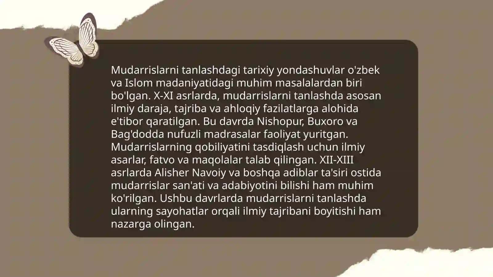 Sharq donishmandlari va mutaffakirlarining ijodiy merosida mudarrislarni tanlash,ularga qoʻyilgan talab,ularning mahorati,muloqot muomala madaniyatiga qoʻyilgan talablar 4