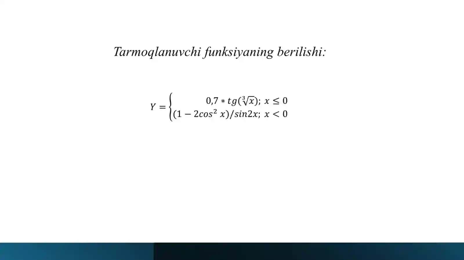 Qishloq xo’jaligida axborot kommunikatsion tizimlar fanidan MUSTAQIL ISHI Python dasturida tarmoqlanuvchi funksiyalarni yechish ketma-ketligi bo‘yicha hisobot tayyorlash Norboboyeva Mushtariy 4