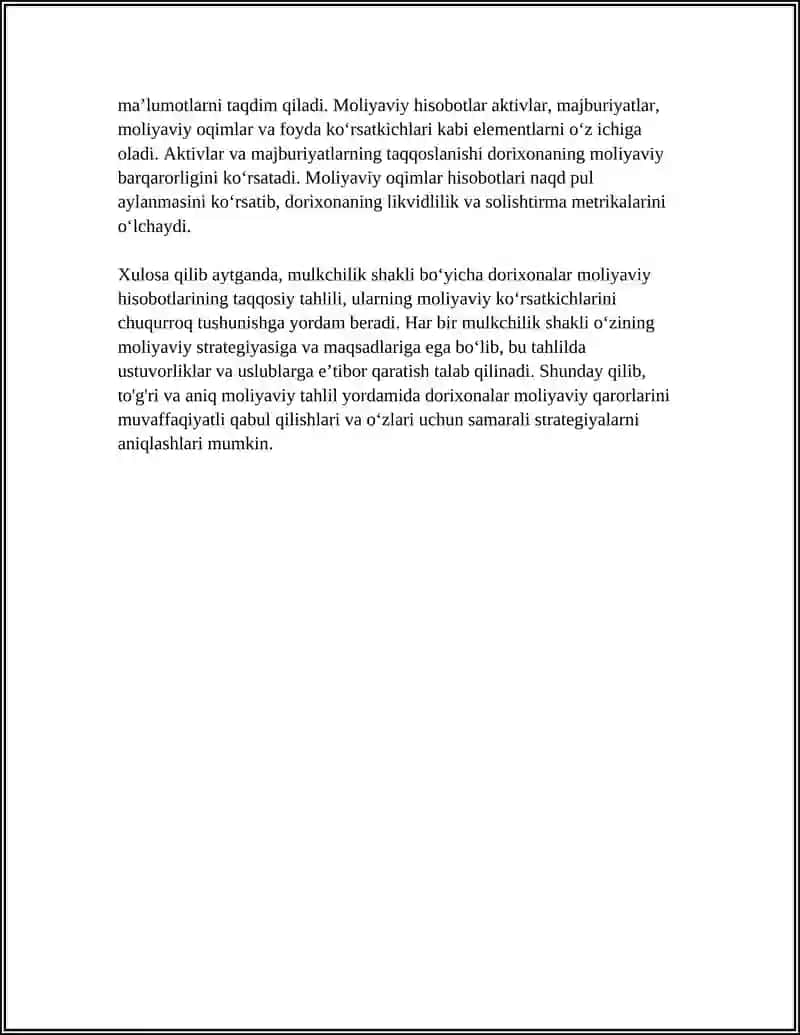 TURLI MULKCHILIK SHAKLIDAGI DORIXONALARNING HISOBOTLARI, MOLIYAVIY NATIJALAR TO’G’RISIDAGI HISOBOT 4