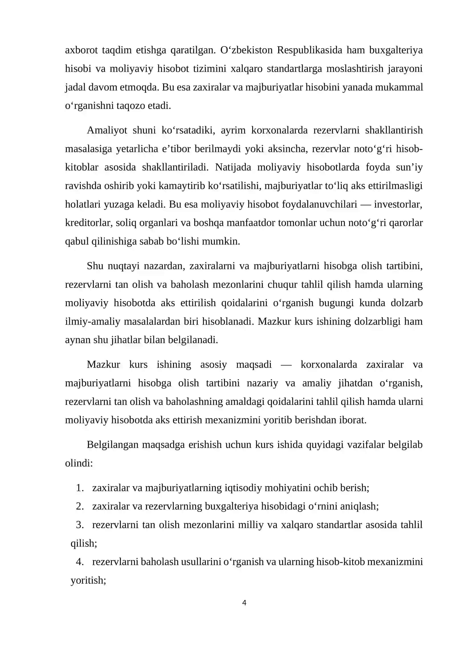 ZAXIRALAR VA MAJBURIYATLARNI HISOBGA OLISH TARTIBI. REZERVLARNI TAN OLISH, BAHOLASH VA UNI MOLIYAVIY HISOBOTDA AKS ETTIRISH QOIDALARI 4