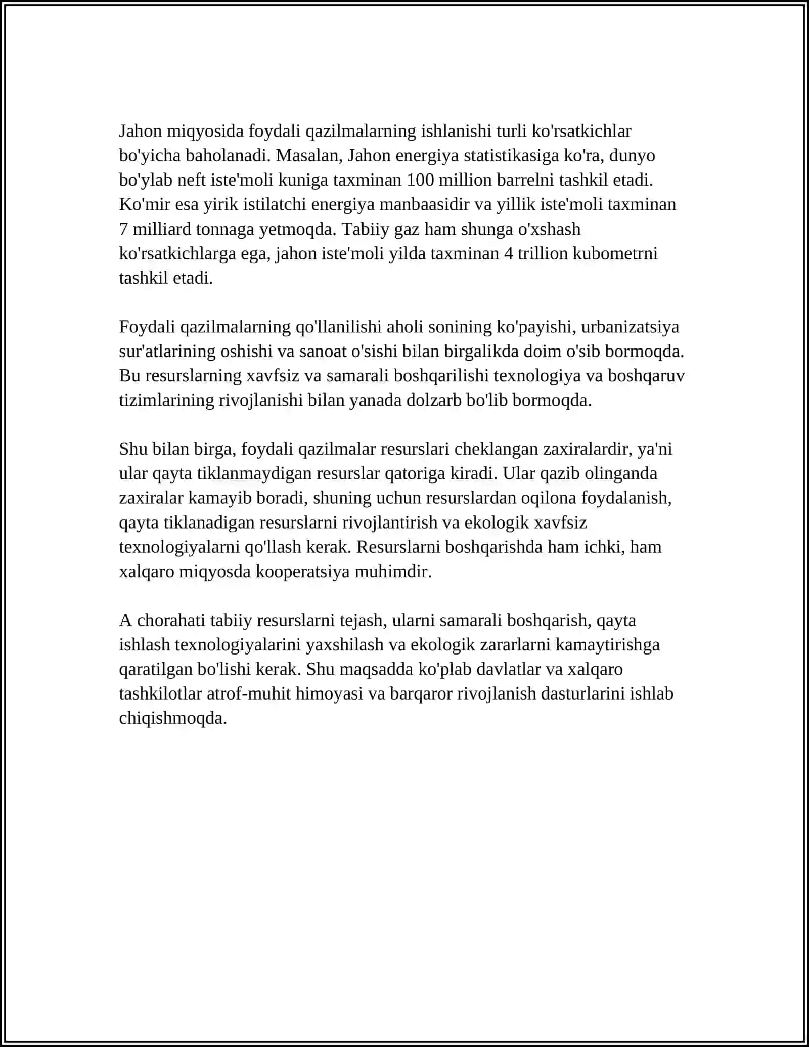 MUSTAQIL ISH Mavzu: FOYDALI QAZILMALARNING ZAXIRALARI VA QAZIB OLISH JARAYONIDA YOʻQOTILISH 4