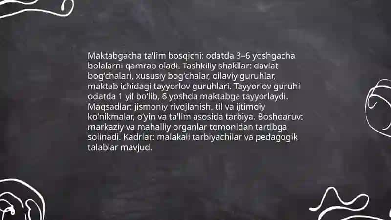 Oʻzbekiston ta'lim tizimi va jahon Oʻzbekistondagi ta'lim bosqichlari 4