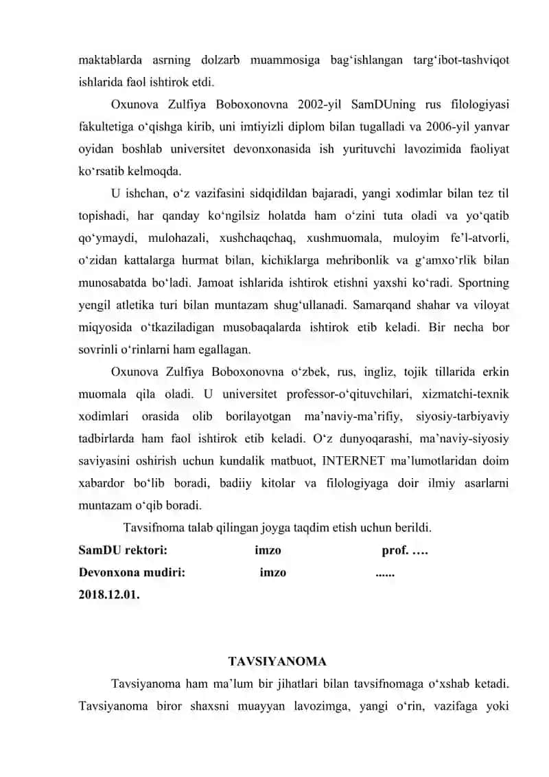Tavsifnoma, tavsiyanoma, ma'lumotnoma yozish. 4