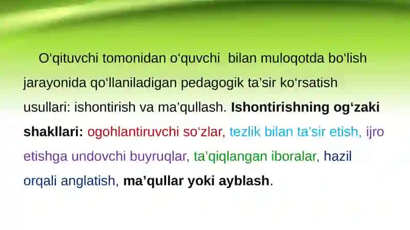 Ishontirishning og'zaki ta'sir etish turlari 4