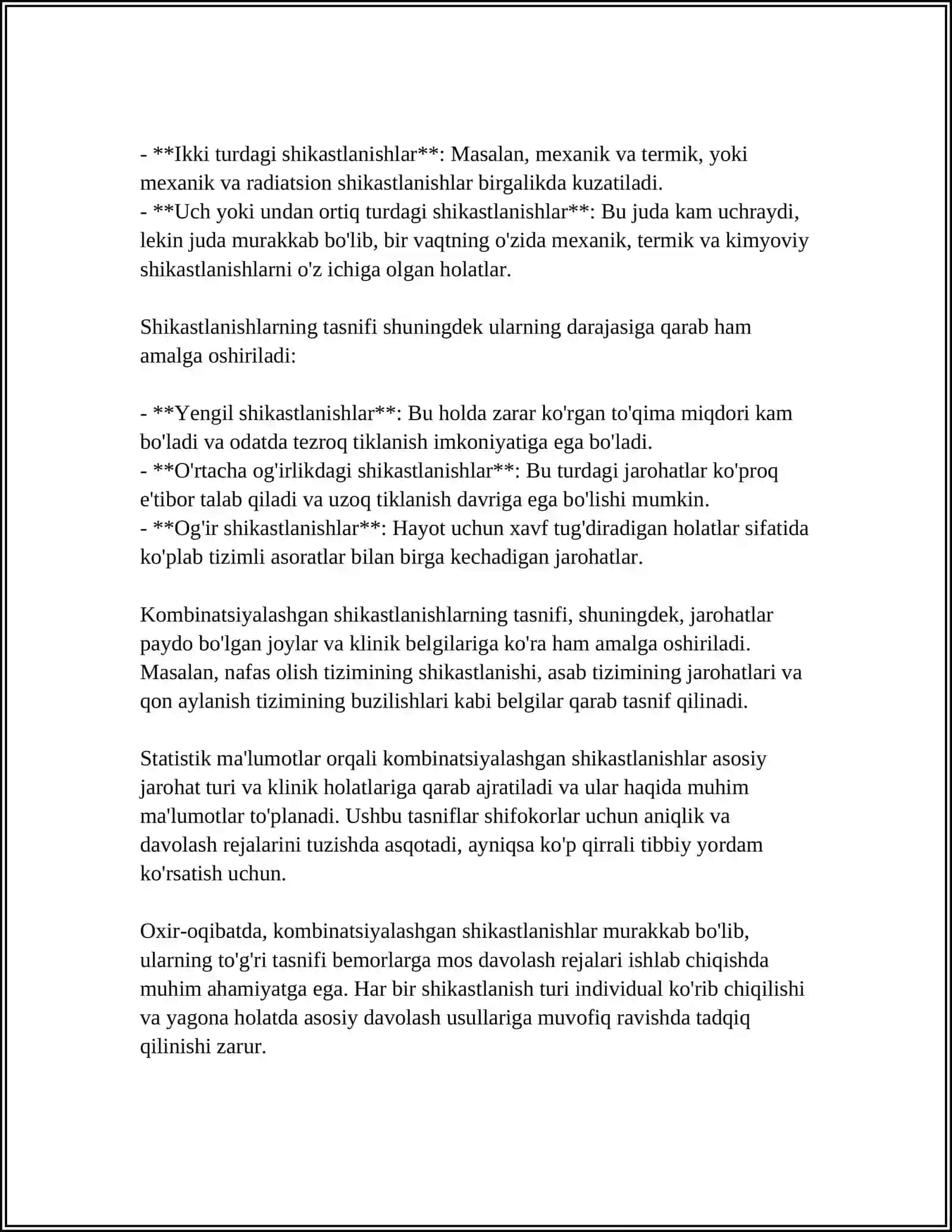 KOMBINATSIYALASHGAN VA QOʻSHIMCHA JAROHATLAR KOMBINIRLANGAN SHIKASTLANISHI QON YOʻQOTISH VA QON QUYISH KOMBINATSIYALANGAN JANGOVOR SHIKASTLARI BIRLAMCHI TIBBIY YORDAM UASH ROLI VA AHAMIYATI 4