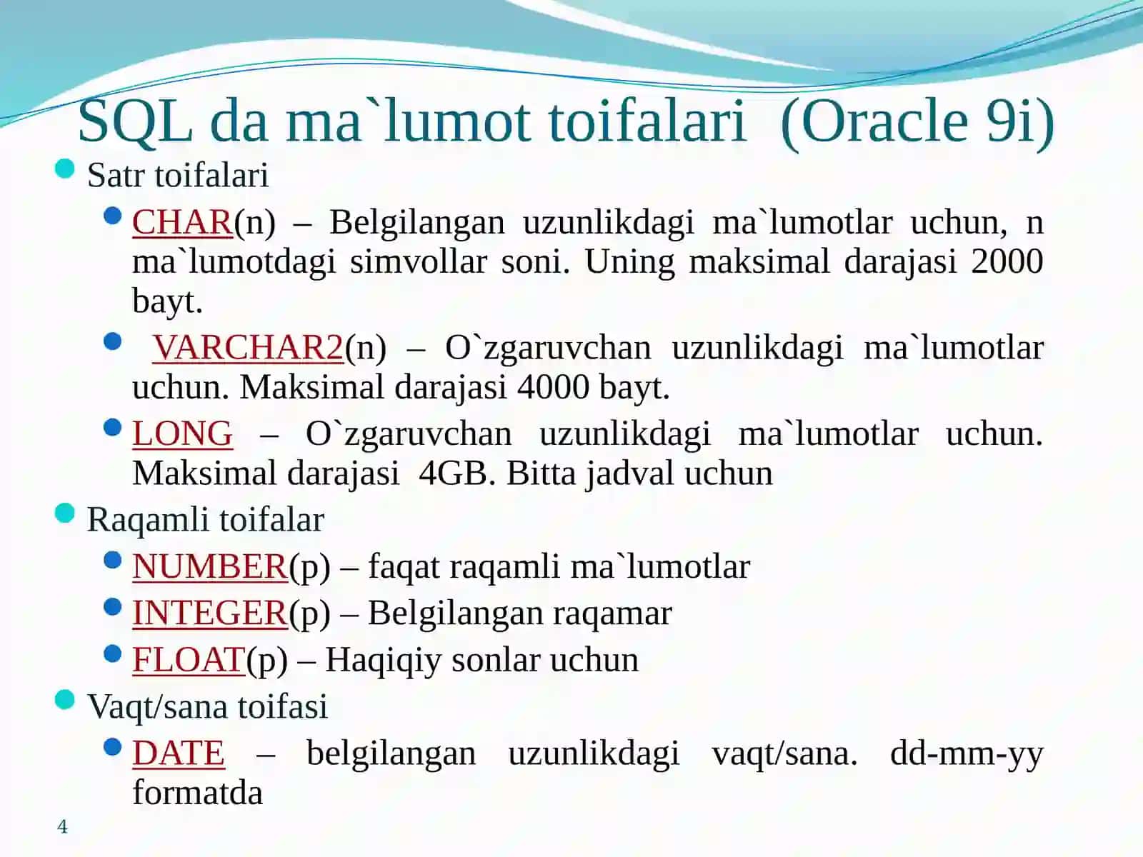 SQL Operatorlari va Ular Olingan Ma'lumot Toifalari 4