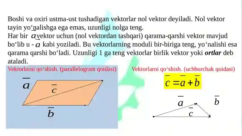 VEKTORLAR. VEKTORLAR USTIDA CHIZIQLI AMALLAR, XOSSALARI. VEKTORNING O‘QDAGI PROEKSIYASI, KOORDINATALARI. VEKTORLARNING SKALYAR KO’PAYTMASI. 4