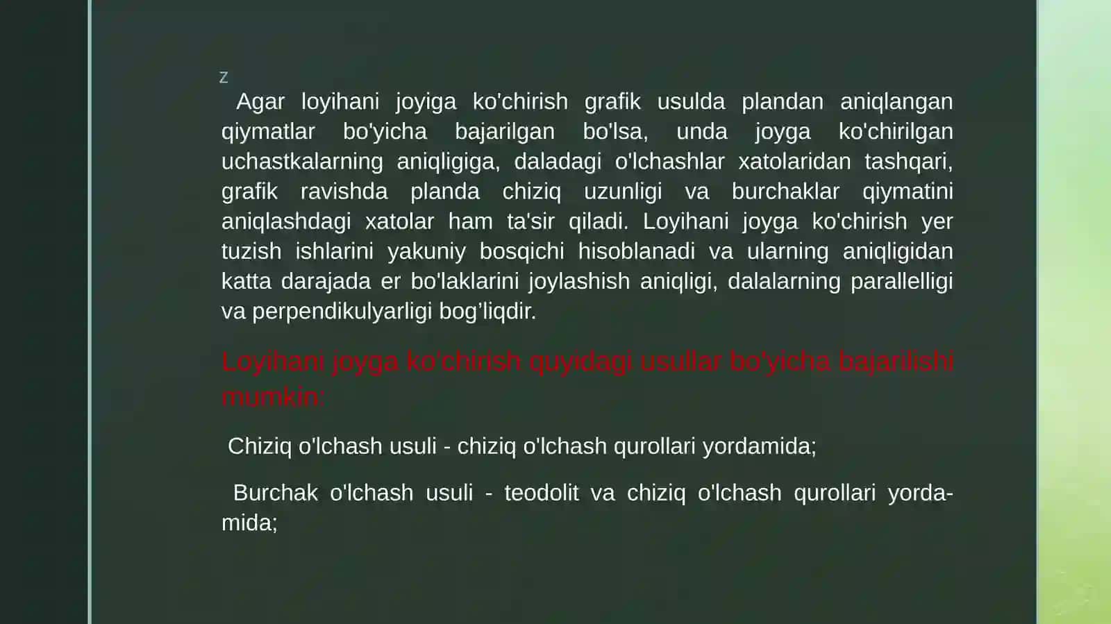 Chiziq oʻlchash usulida loyihani joyga koʻchirish geodezikishi 4