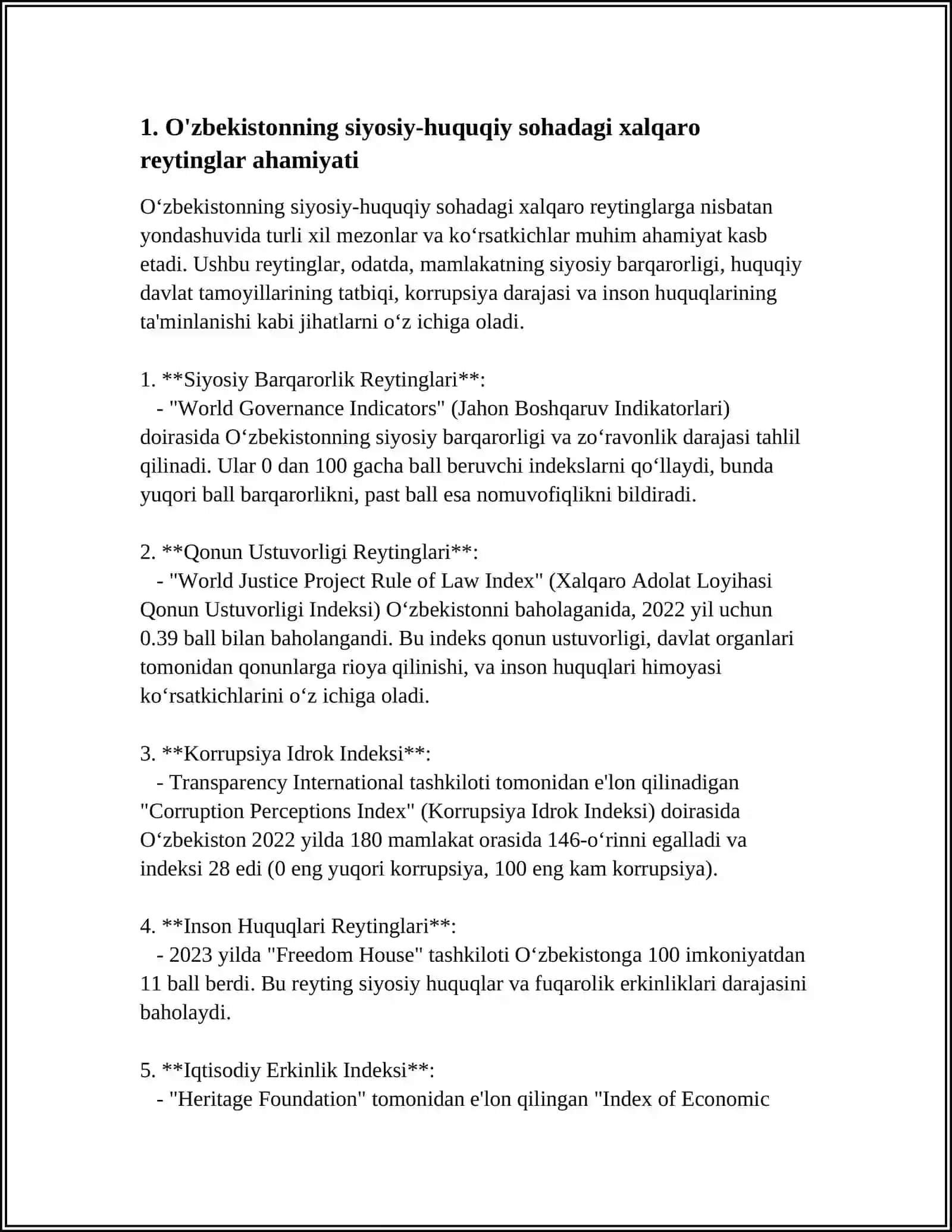 SIYOSIY-HUQUQIY SOHADAGI USTUVOR HALQARO REYTINGLAR VA ULARGA O’ZBEKISTONNING INTEGRATSIYALASHUVI 4