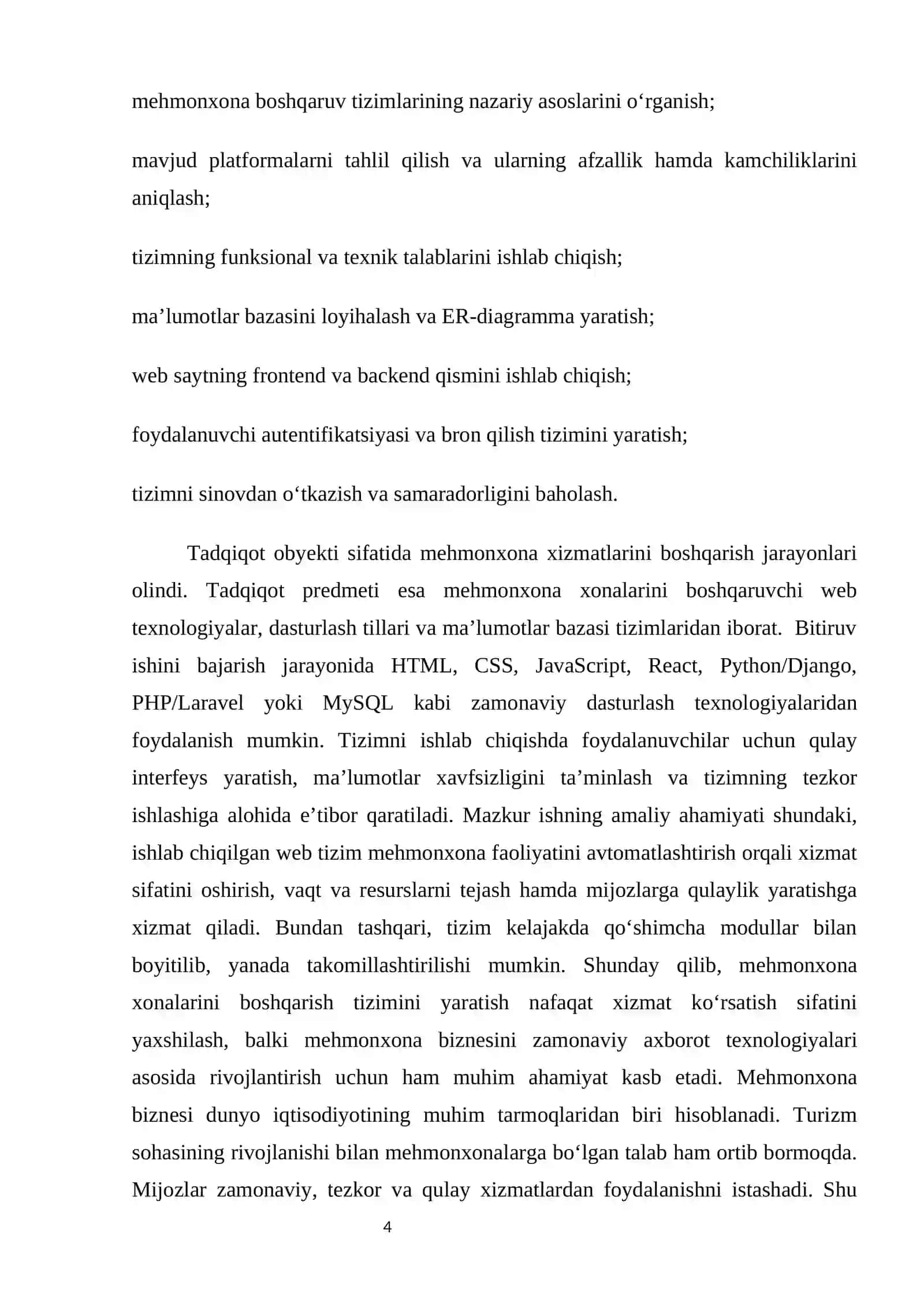 Mehmonxona xonalarini boshqarish tizimi web saytini ishlab chiqish 4