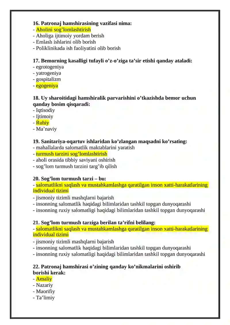 Hamshiralik ishi (patronaj hamshiralari) mutaxassisligi bo’yicha shakllantirilgan test savollari ro’yxati argost test 100 % 4