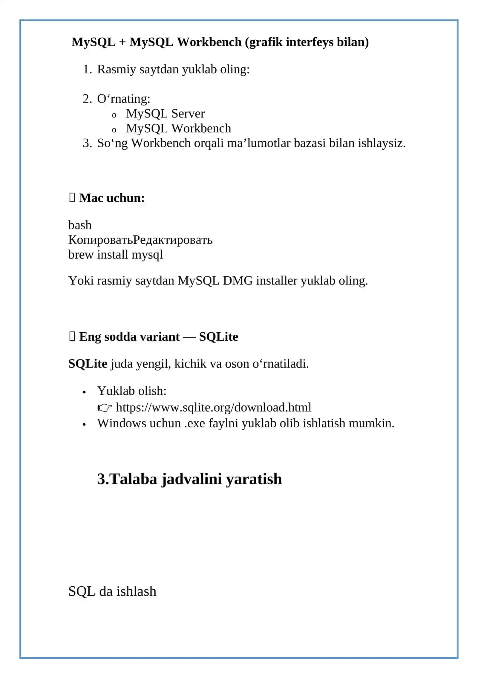 SQL tilida jadvallar yaratish, o'zgartirish va ochirish 4
