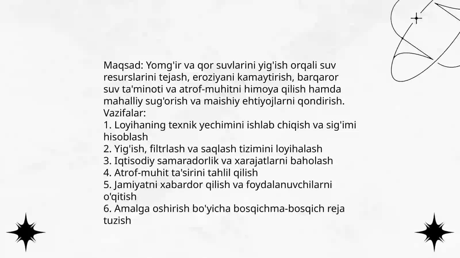 Yomg'ir qor suvlarini yig'ish mavzusi bo'yicha loyiha ishi slaydini tayyorlab ber 4