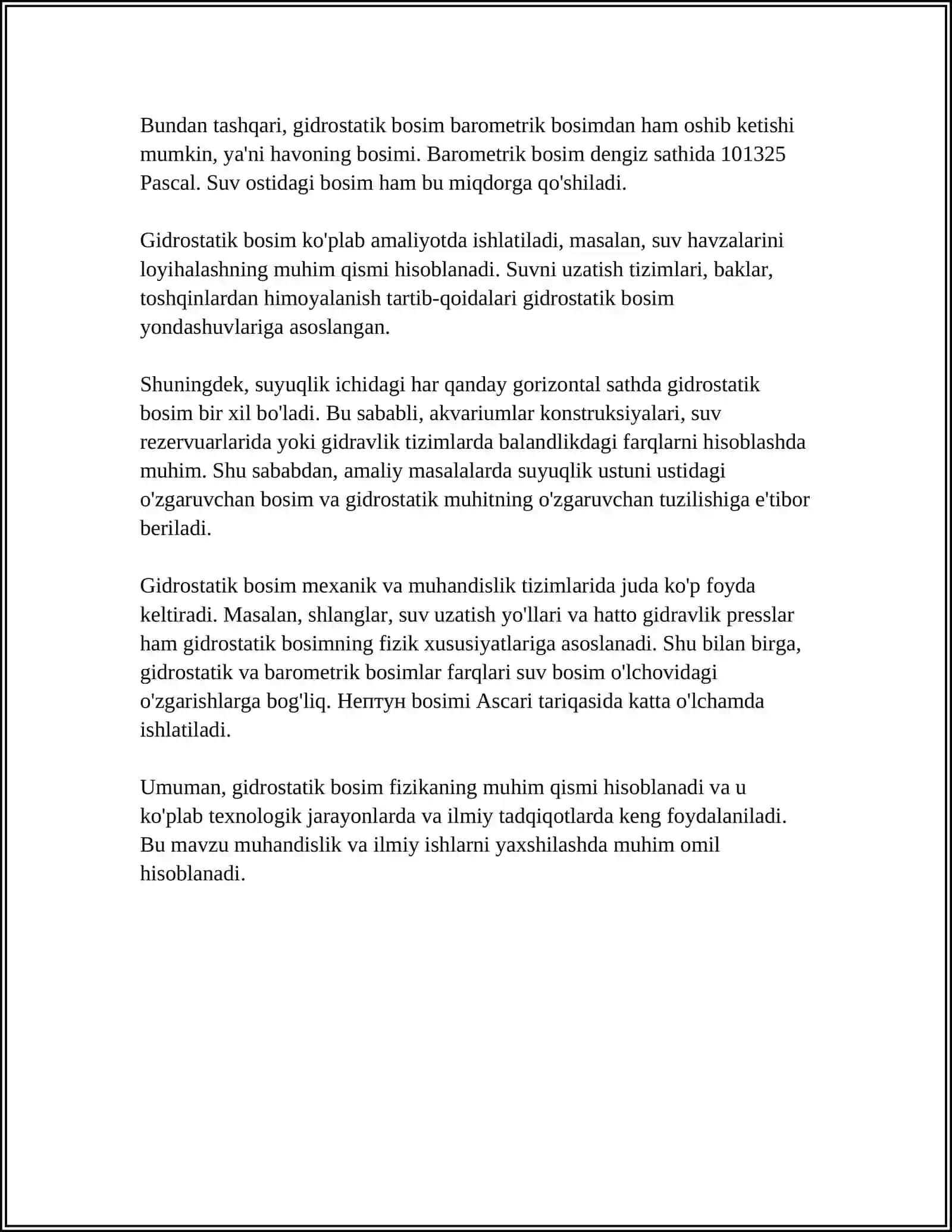 GIDROSTATIK BOSIM VA UNING XOSSALARI 4