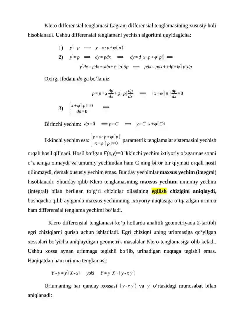 Birinchi tartibli differensial tenglamaning maxsus yechimi 4