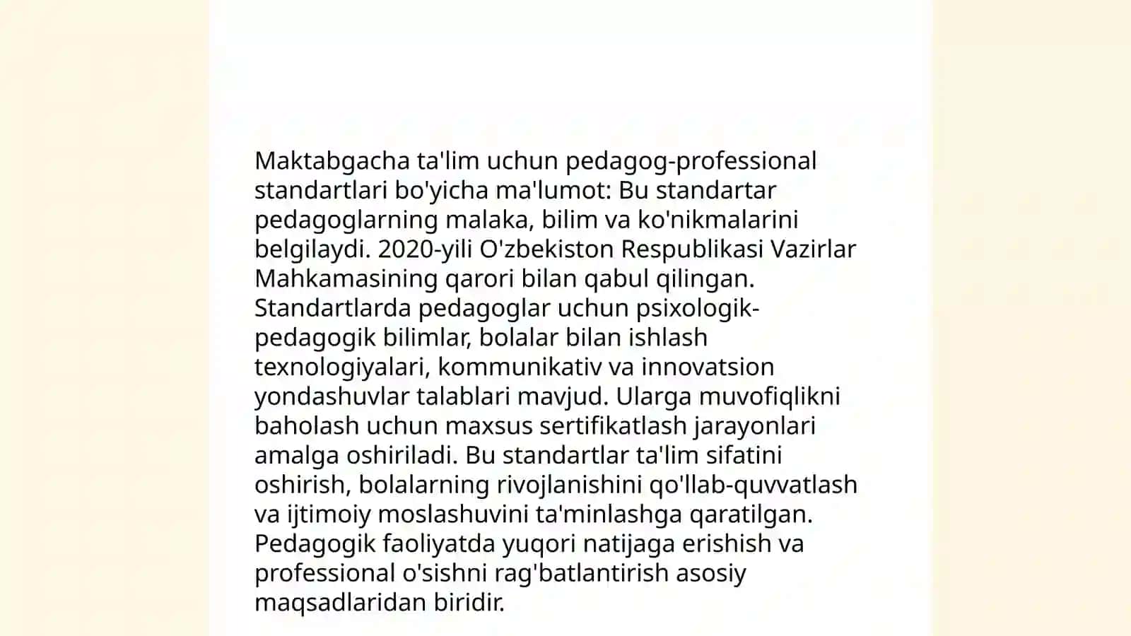 Maktabgacha ta'lim tizimida kadrlarni tayyorlash va sohaga qabul qilishga qoʻyiladigan talablar 4
