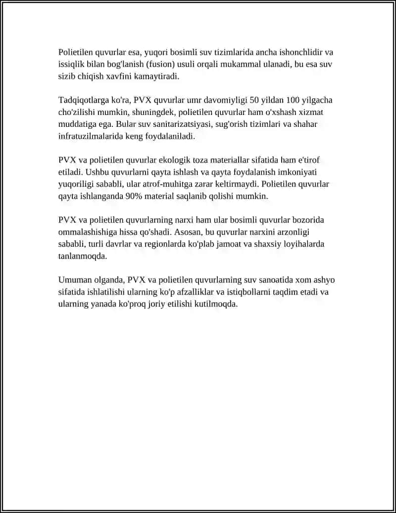 PVX va polietilen quvurlar suv sanoati uchun xom ashyo sifatida ishlatilishi 4