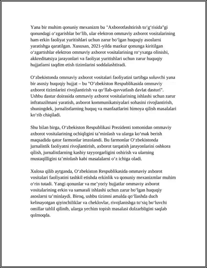 OʻZBEKISTON RESPUBLIKASIDA OMMAVIY AXBOROT VOSITALARINING FAOLIYATI (OʻZGARISH VA MUAMMOLAR) 4