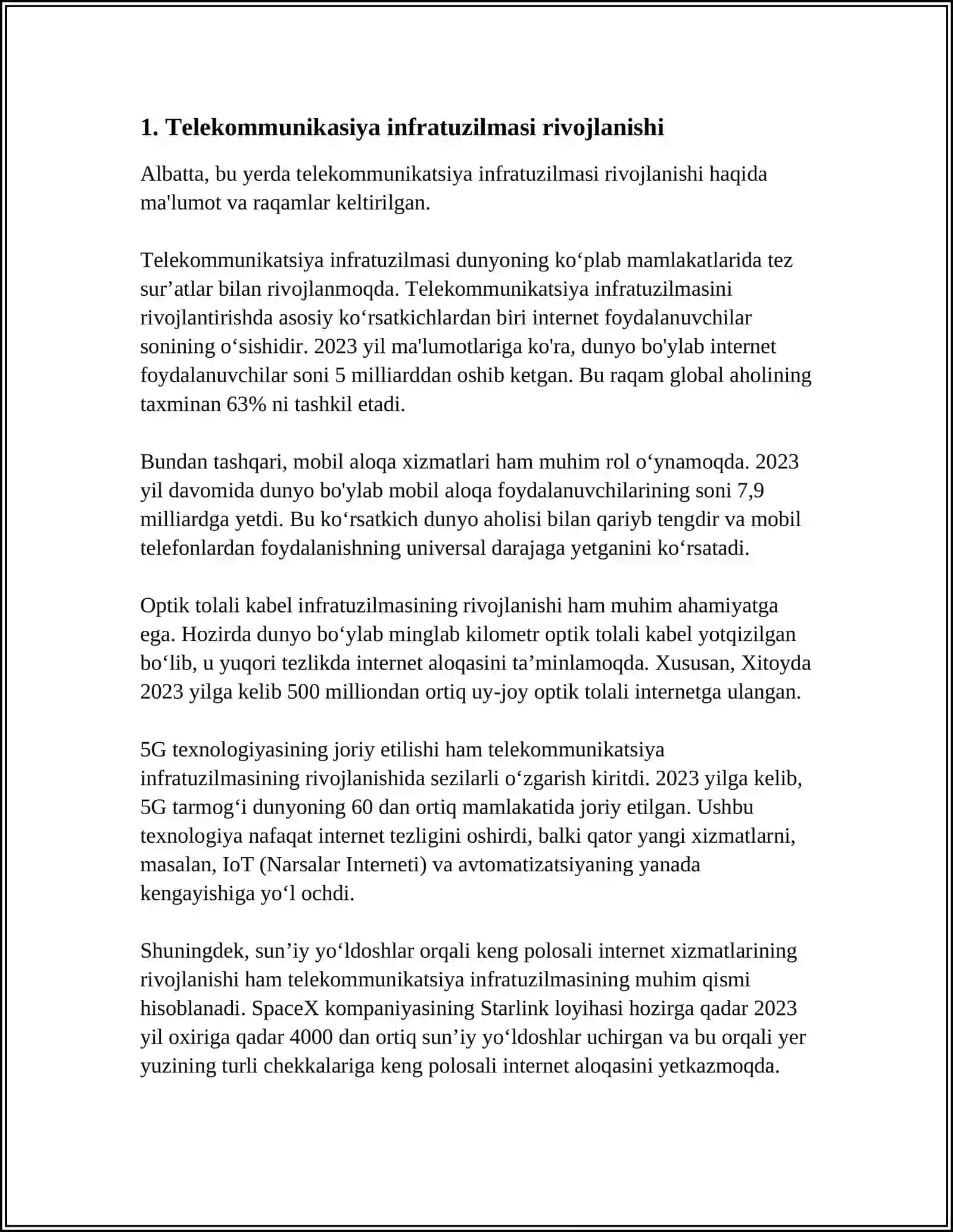 O‘ZBEKISTON RESPUBLIKASINING TELEKOMMUNIKASIYA TRANSPORT TARMOQLARINING XOZIRGI XOLATI VA RIVOJLANISH ISTIQBOLLARI TAHLILI 4