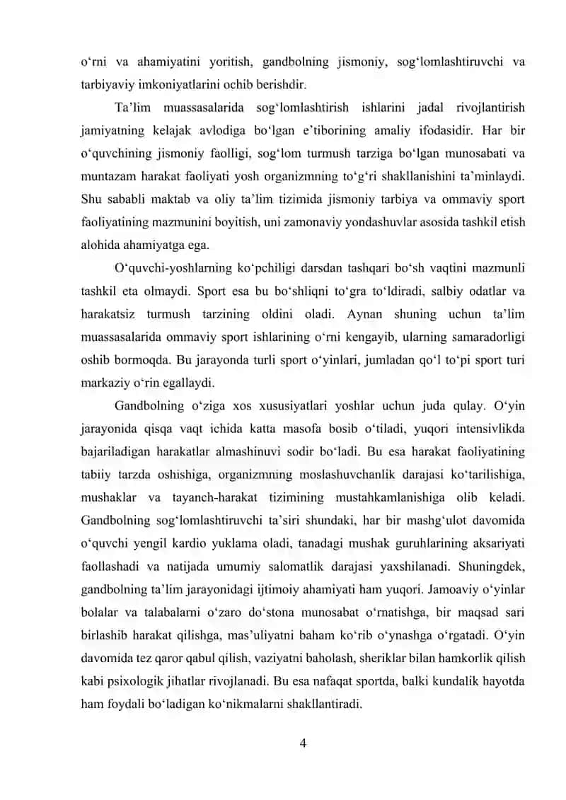 Ta'lim muassasalarida ommaviy sport-sog'lomlashtirish ishlarida qo'l to'pi sport turining o'rni 4