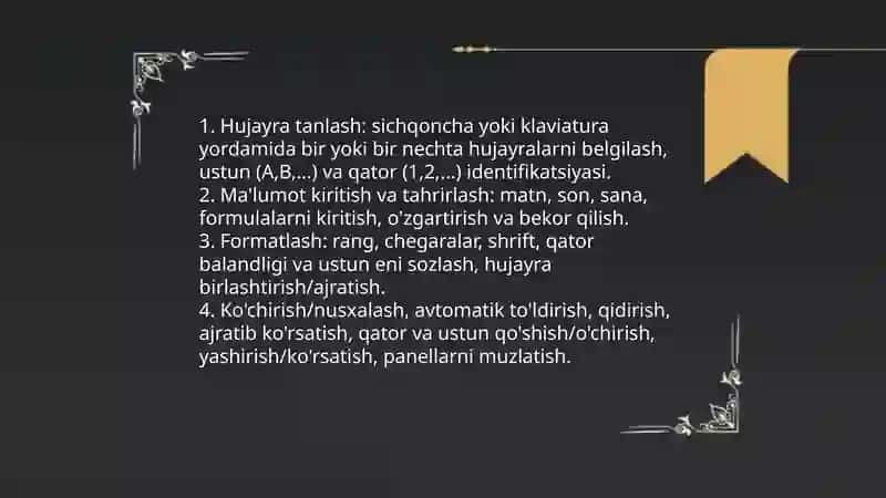 Elektron jadvallar bilan ishlash texnologiyasi 4