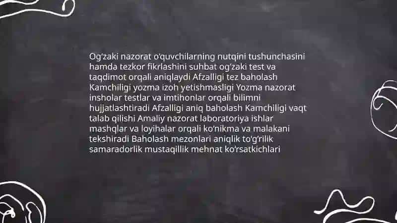 Oʻquvchilarning bilim kónikma va malakalarini nazorat qilish turlari,shakli metodlari.Óquvchilarni baholash mezonlari 4