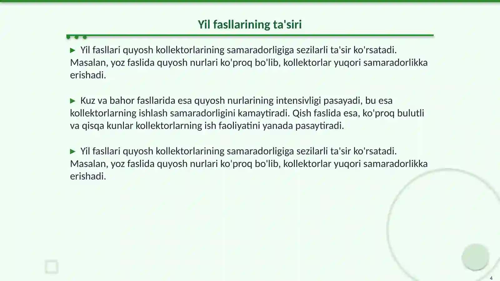 Quyosh kollektorlari samaradorligining yil fasllariga koʻra statistik taqsimoti 4
