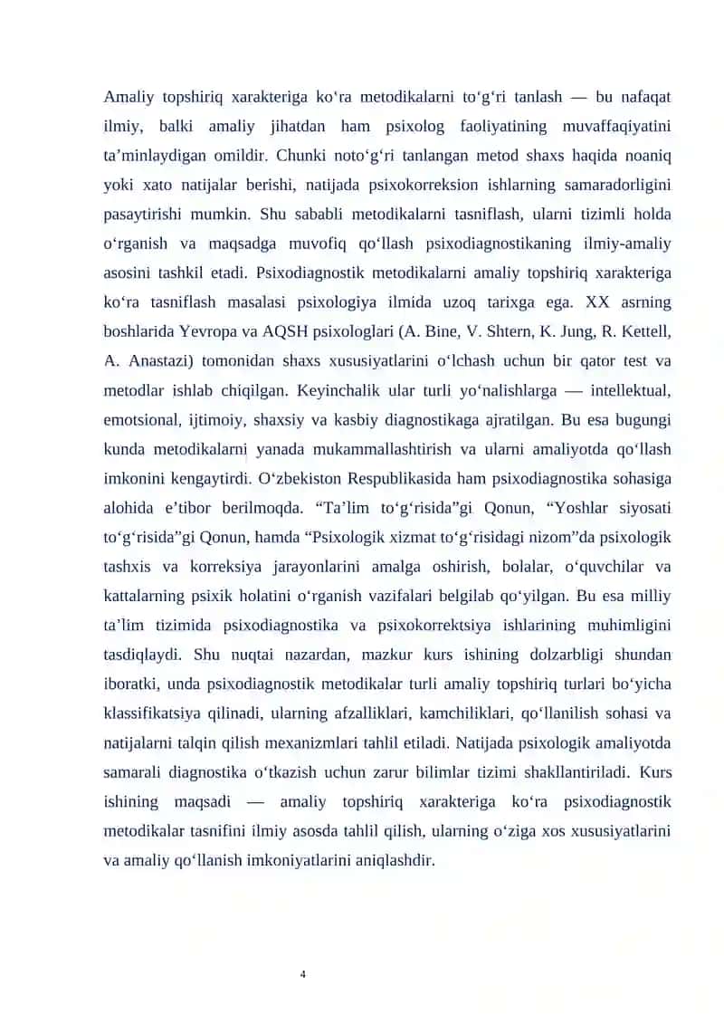 AMALIY TOPSHIRIQ XAREKTERIGA KO’RA PSIXODIAGNOSTIK METODIKALAR KLASSIFIKATSIYASI 4