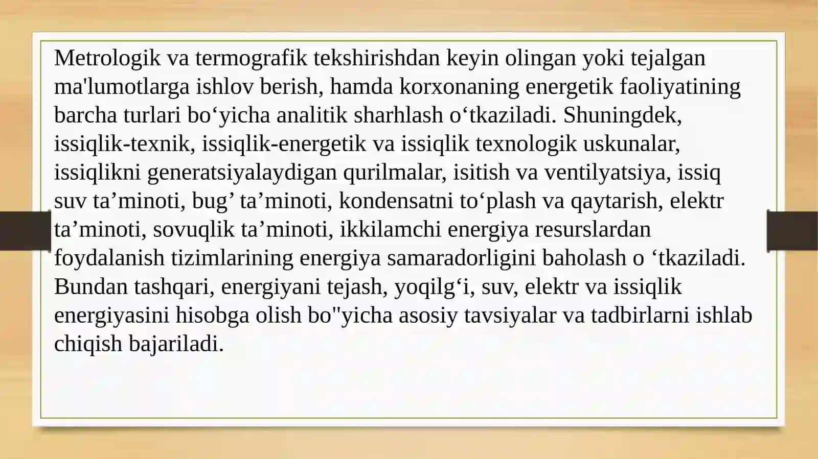 Korxonaning energetik faoliyatining barcha turlari bo‘yicha energiya samaradorlikni analitik sharhlash va baholash 4