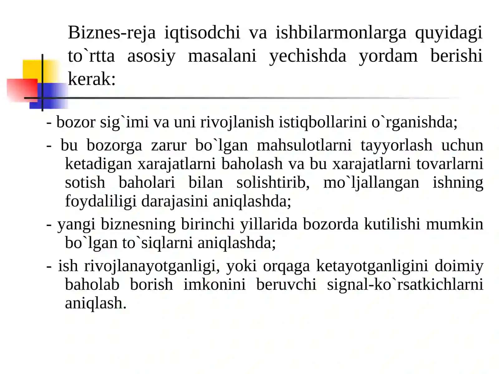INVESTITSIYA LOYIHASINING BIZNES REJASI(4-SOAT) 4