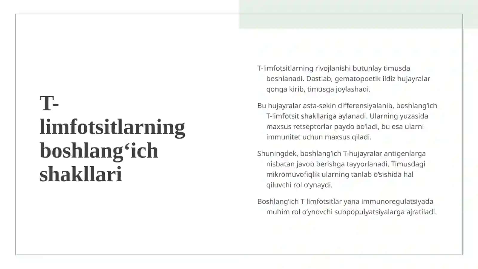 Timusdagi T-limfotsitlarning yetilish jarayoni (antigenga bog'liq bo'lmagan immunogenez). Epifizning ultrastrukturaviy tuzilishi va funksiyalari 4