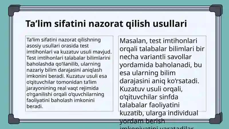 Ta`lim sifatini nazorat qilish va uning turlari. Muammoli ta`lim turlari texnologiyasi mohiyati va turlari 4