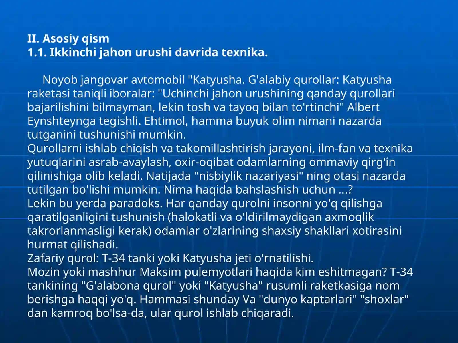 Ikkinchi jahon urushi yillarida texnika yangiliklarining g'alabaga qo'shgan hissasi (katyushaning yaratilishi) 4