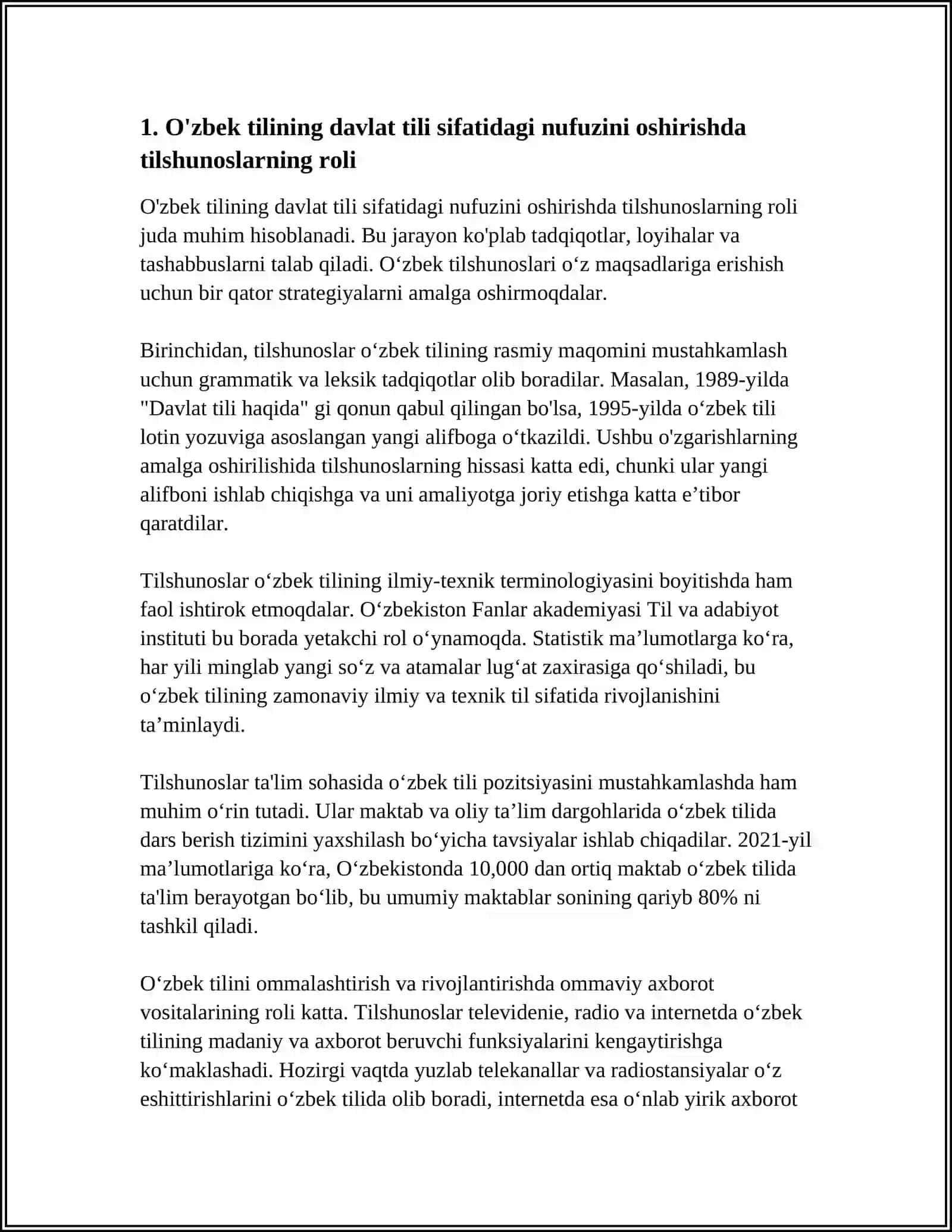 O‘ZBEKISTON RESPUBLIKASI PREZIDENTI SH. MIRZIYOYEV "OʻZBEK TILINING DAVLAT TILI SIFATIDAGI NUFUZI VA MAVQEINI TUBDAN OSHIRISH CHORA- TADBIRLARI TOʻGʻRISIDAGI" FARMONDA BELGILANGAN VAZIFALARNING AMALDA BAJARILISHI BOʻYICHA TILSHUNOS VA ADABIYOTSHUNOS OLIMLARNING FIKR VA MULOHAZALARI BAYON ETILGAN MAQOLALAR BILAN TANISHISH 4